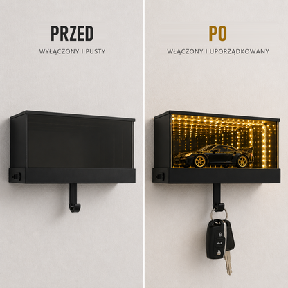 Przed i po: pusty haczyk i świecący Tunelio z kluczami